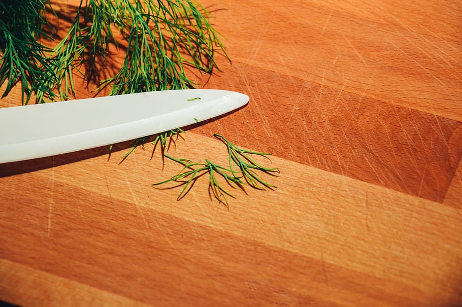 utility knife on top of brown table, dill, herbs, cutting board HD wallpaper