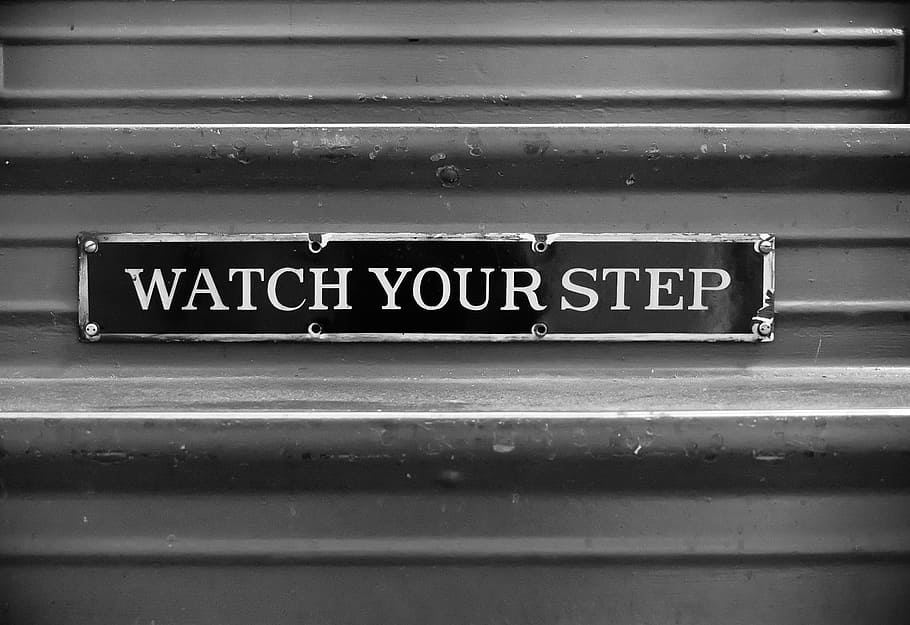 watch your step, staircase sign, black and white, symbol, danger