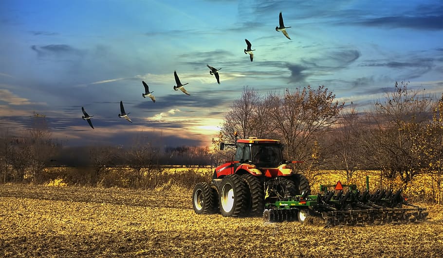 red and black tractor on field landscape photography, scenery HD wallpaper