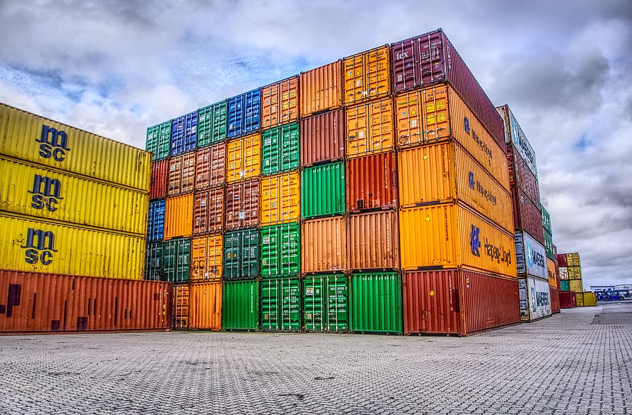 assorted-color intermodal container lot, port, loading, stacked, HD wallpaper