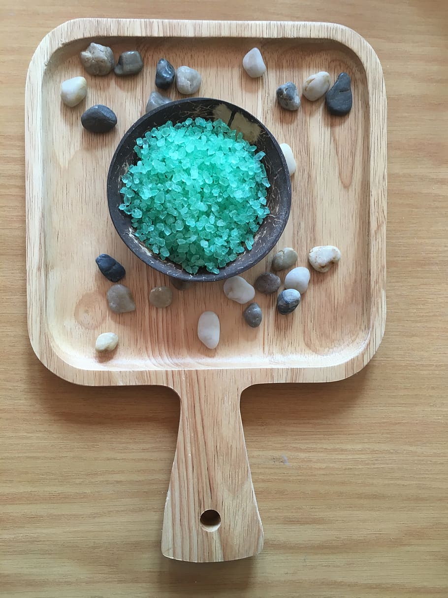 pebbles on brown wooden trayu, Salt, Spa, Care, Bath, Aromatherapy HD wallpaper