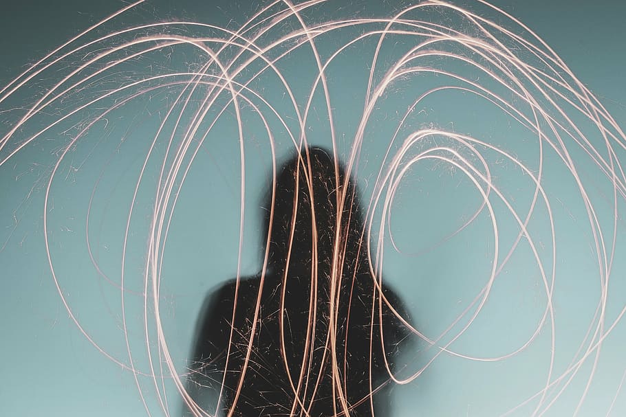silhouette of a woman with drawing, still, light, show, flames HD wallpaper