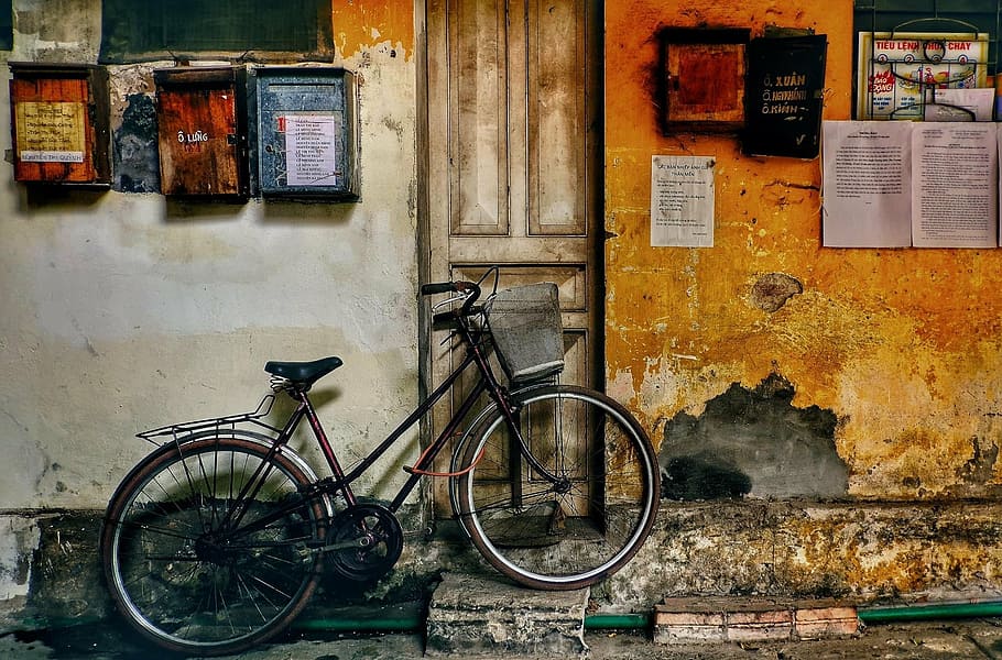 bike, door, neck diameter, life, hanoi, vietnam, architecture, HD wallpaper
