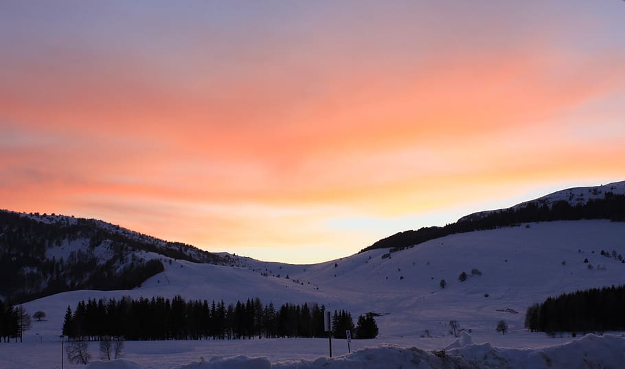 sunset, mountain, snow, winter, mountains, landscape, nature, HD wallpaper