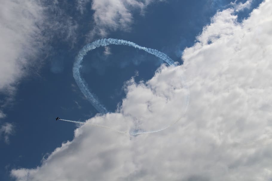 clouds, aircraft, aerobatics, looping, sky, fly, blue, weather HD wallpaper