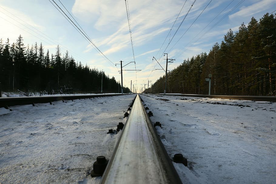 cold, outdoors, perspective, railroad, railway, snow, trees HD wallpaper