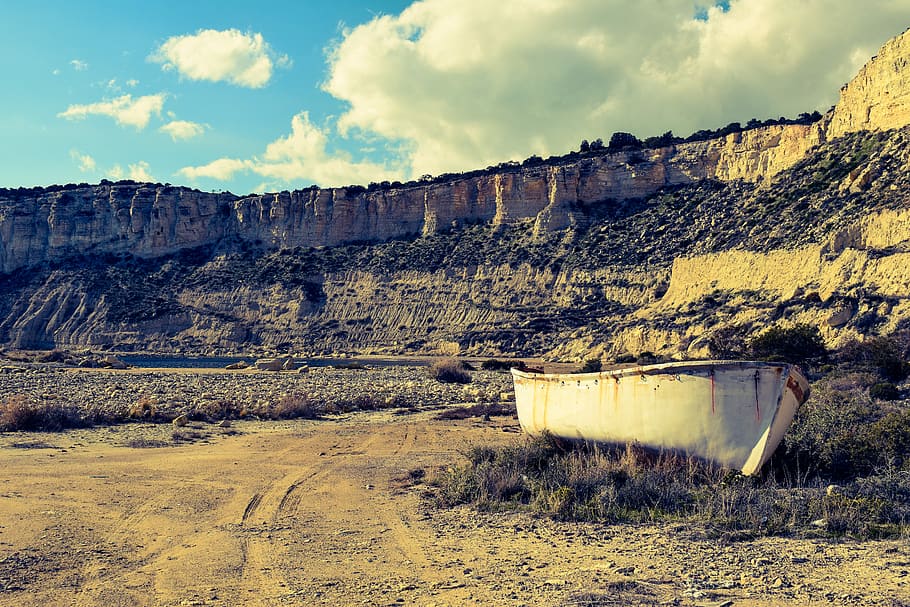 Beach, Cliffs, Sea, Landscape, Boat, scenery, isolated, tranquil HD wallpaper