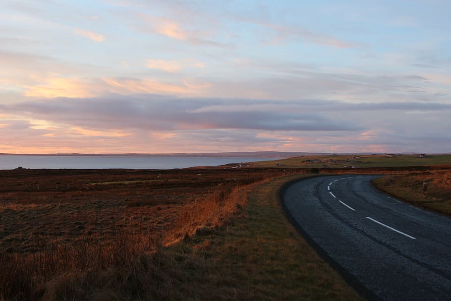 scotland, road, landscape, sunset, wide, ocean, sea, silent, HD wallpaper