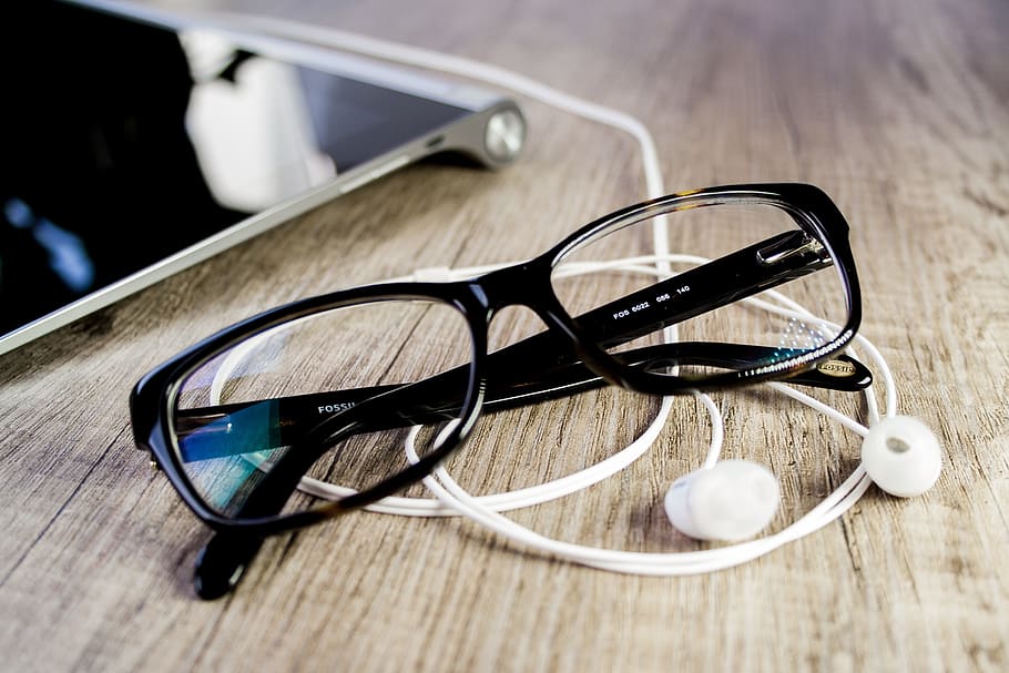 black frame eyeglasses, tablet, office, touch screen, reading glasses HD wallpaper