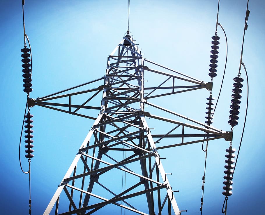 Low Angle View of Electric Post, blue, bright, cable, distribution HD wallpaper
