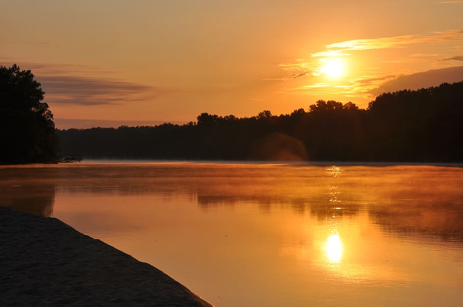 lake under sunset, dawn, summer, river, water, sky, reflection HD wallpaper