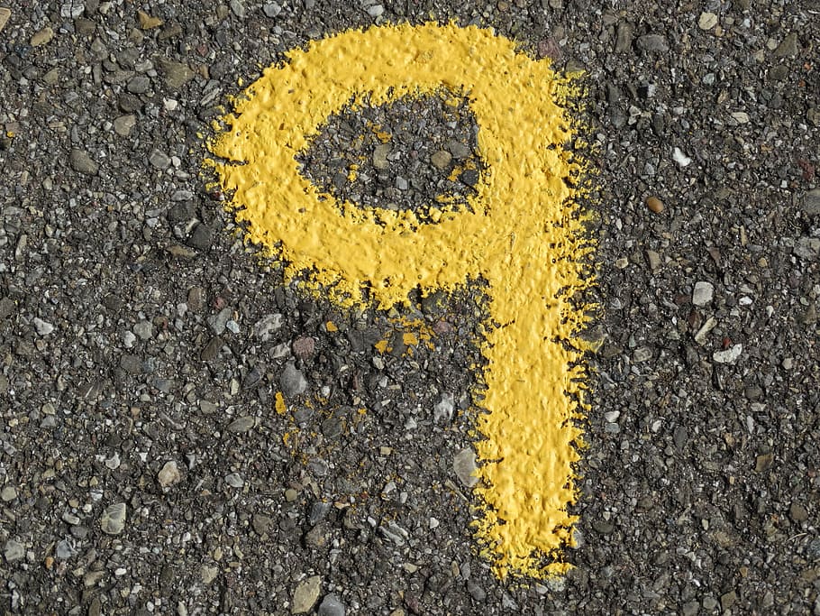 yellow 9 pavement sign, number, ad, color, asphalt, road, digit, HD wallpaper