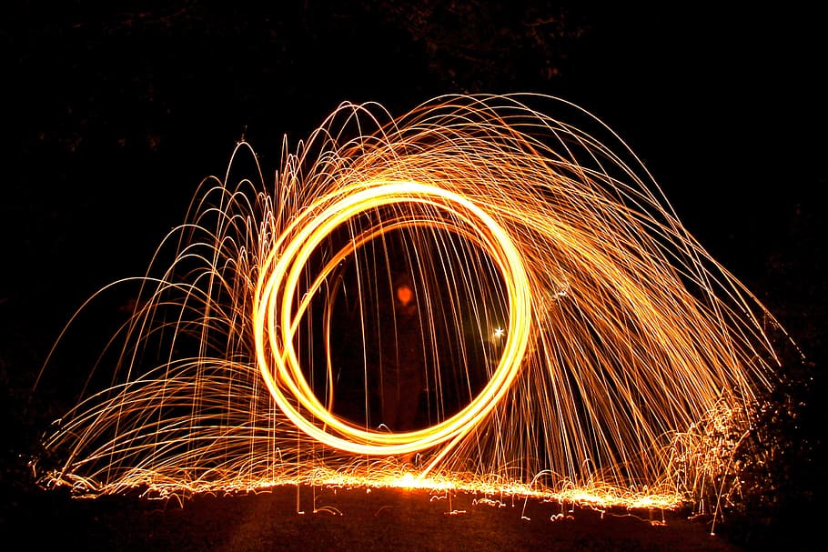 Wire Wool, Fire Ball, Spin, Light, Burn, night, long exposure HD wallpaper