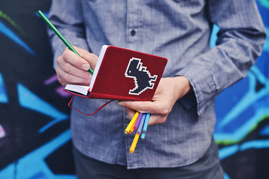 people, guy, man, pens, colors, notebook, art, hands, writing HD wallpaper