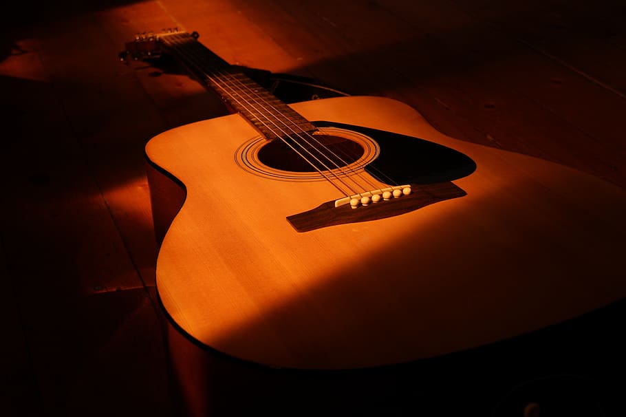 brown acoustic guitar on floor, music, instrument, musical instrument