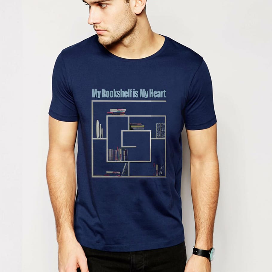 man with blue crew-neck t-shirt, t-shirt design, book-self, boy