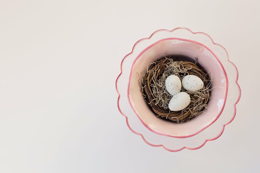three white eggs, bird's nest, spring, easter, pink, copyspace HD wallpaper