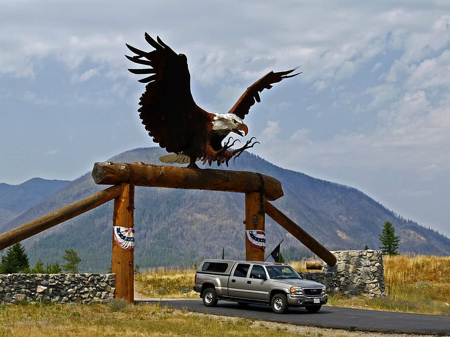 overdimensional, gate, metal bald eagle, ranch, landscape, car HD wallpaper