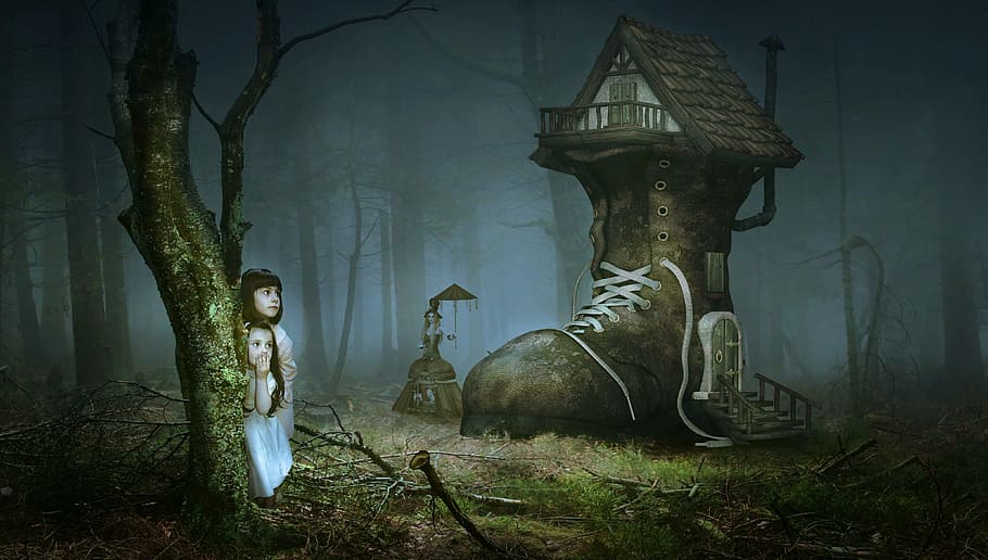 two girls near the boot house in the forest wallpaper, fairy tales