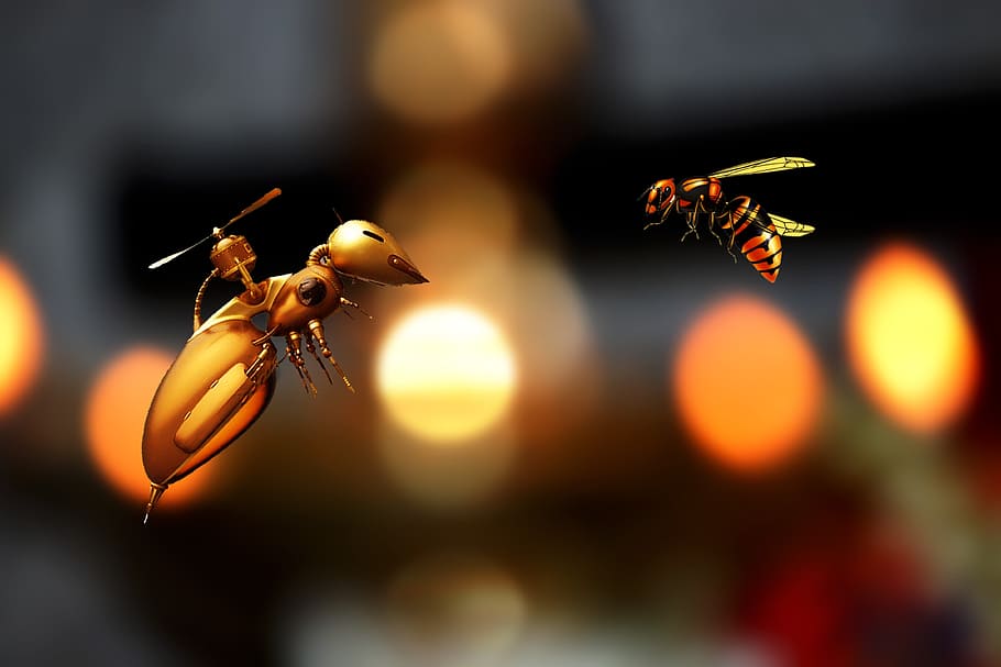 two gold robot bees, creative, art, insect, nature, honey, design