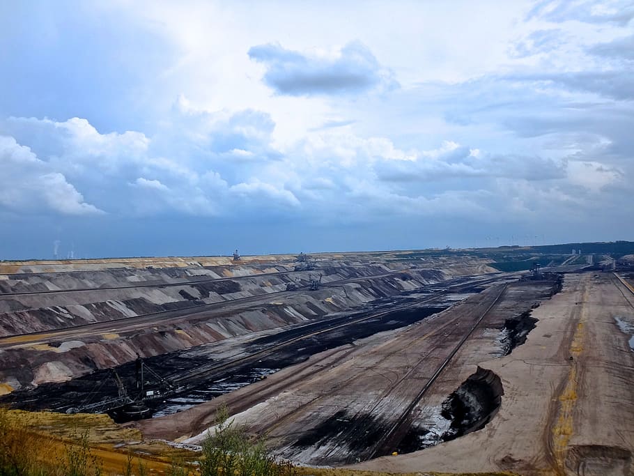open pit mining, garzweiler, brown coal, rain clouds, sky, earth, HD wallpaper