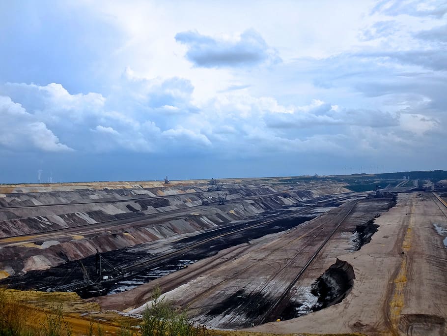 open pit mining, garzweiler, brown coal, rain clouds, sky, earth HD wallpaper