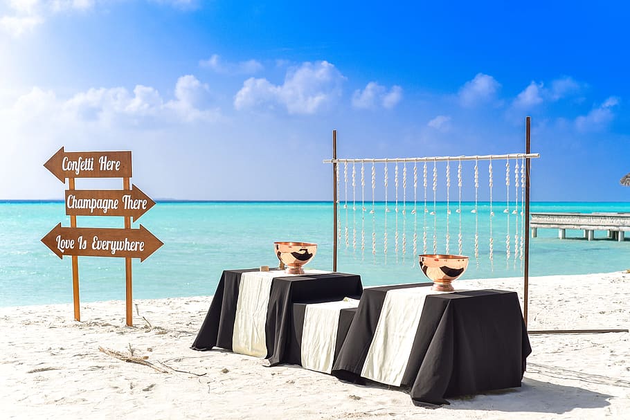 sea, sky, sunny, beach, blue, clouds, directional sign, dock HD wallpaper