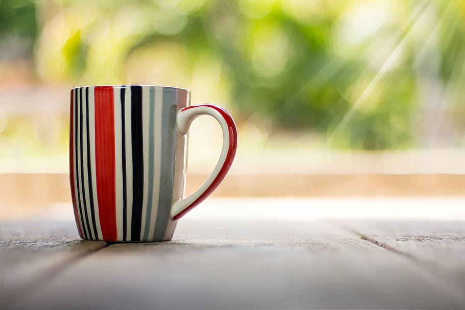 red, black, and gray striped ceramic mug, cup, top, view, coffee