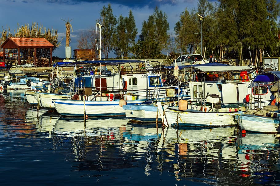fishing harbor, boats, sea, reflections, ayia triada, paralimni, HD wallpaper