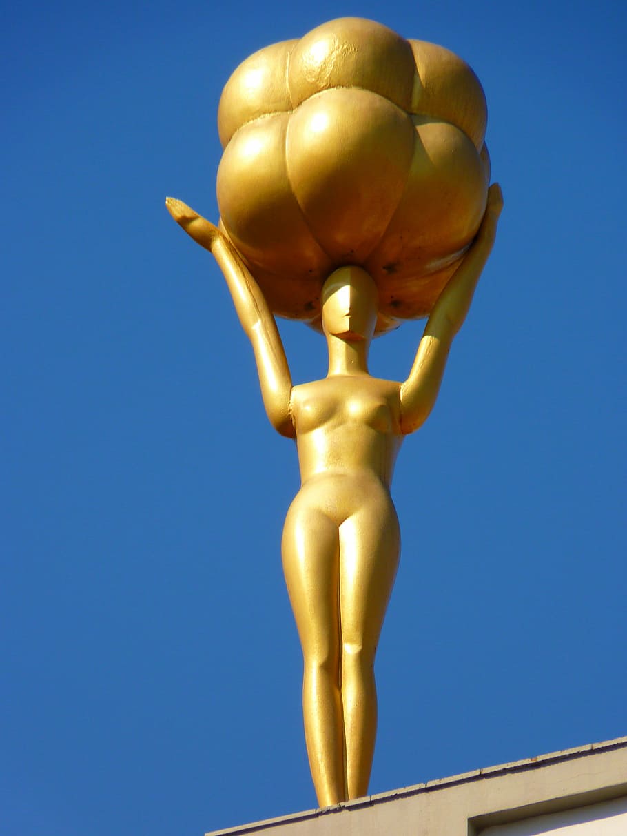 Figure, Dalí, Golden, Museum, Figueras, spain, sky, statue, HD wallpaper