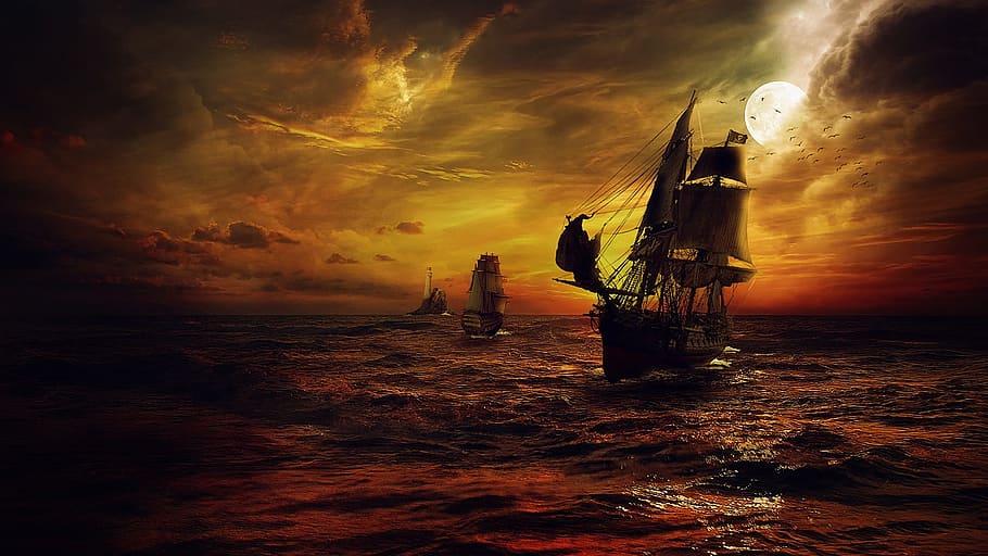brown galleon ship illustration, strom, sea, night, fantasy, red, HD wallpaper