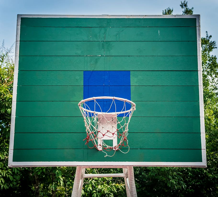 teal and white outdoor basketball hoop, court, playground, park