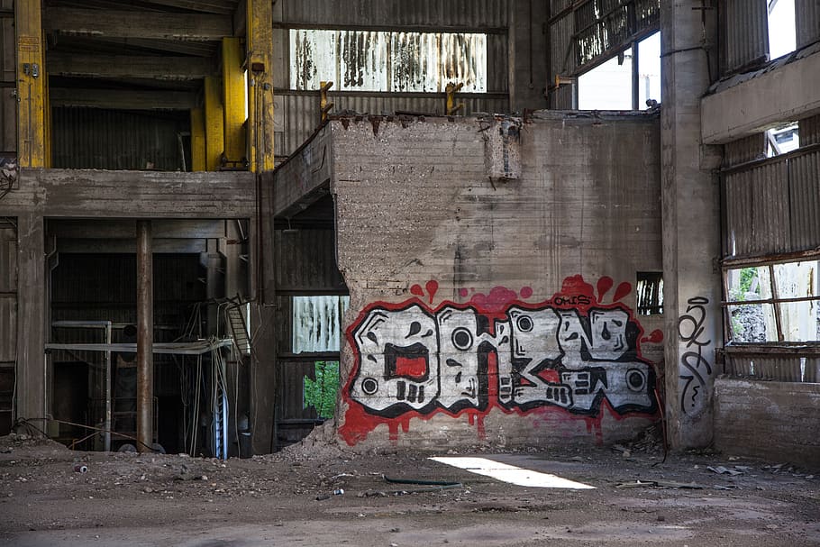 graffiti, abandoned factory, industrial, construction, old, HD wallpaper