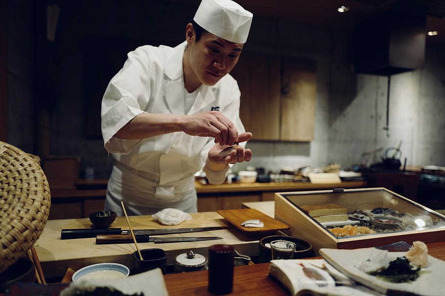 man in chef suit, Chef cooking in front of table, japanese cuisine, HD wallpaper