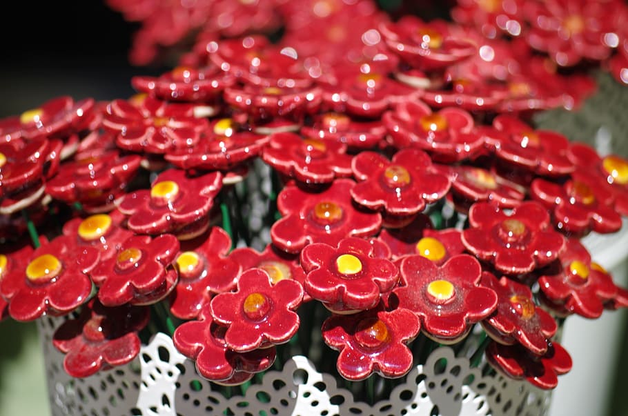 artificial flowers, ornaments, decor, close-up, red, no people HD wallpaper