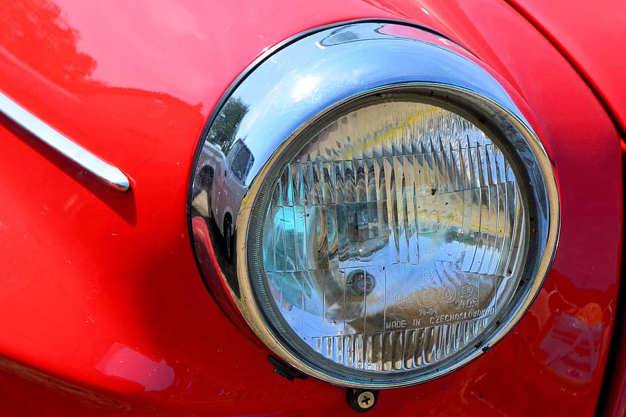 Auto, Spotlight, Lamp, Vehicle, oldtimer, skoda, red, transportation HD wallpaper