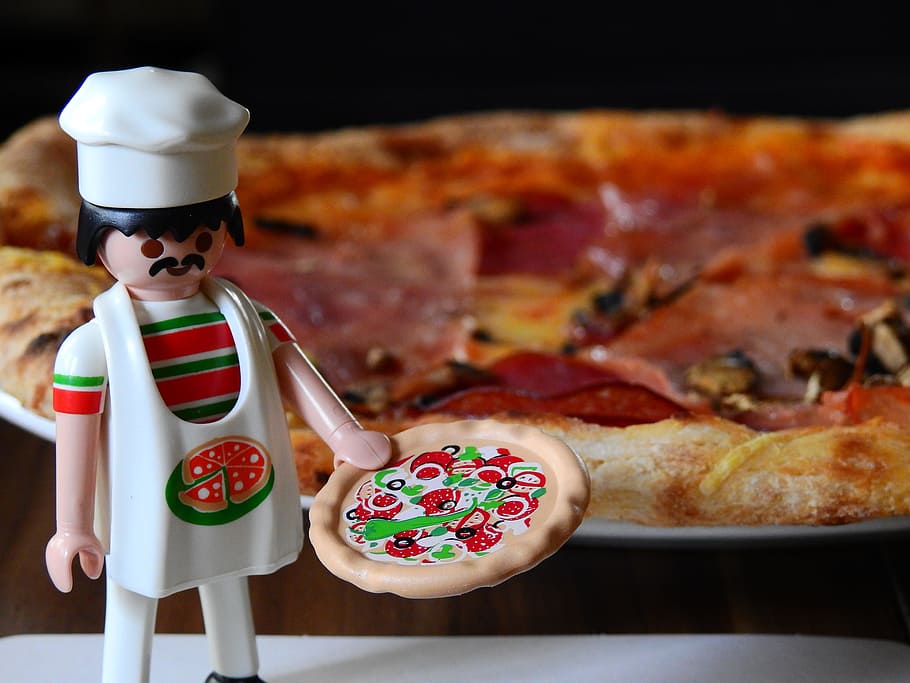 pizza, pizza maker, cooking, playmobil, toys, eat, pizzeria, HD wallpaper