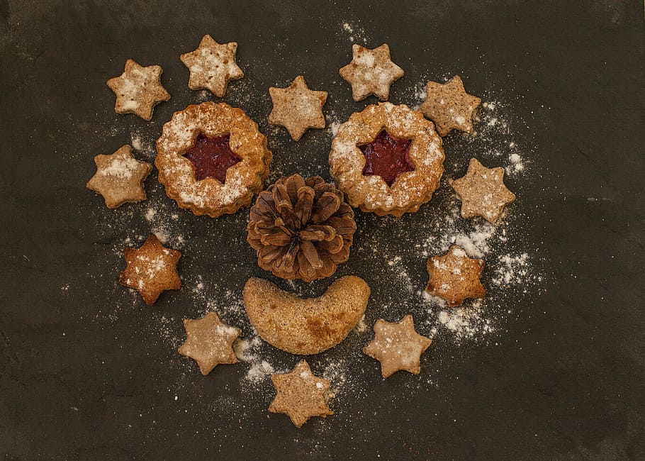 brown cookies, heart, star, small cakes, bake, pastries, christmas, HD wallpaper