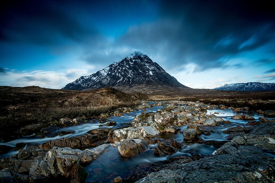 landscape photo of river and mountain, closeup, black, brown HD wallpaper