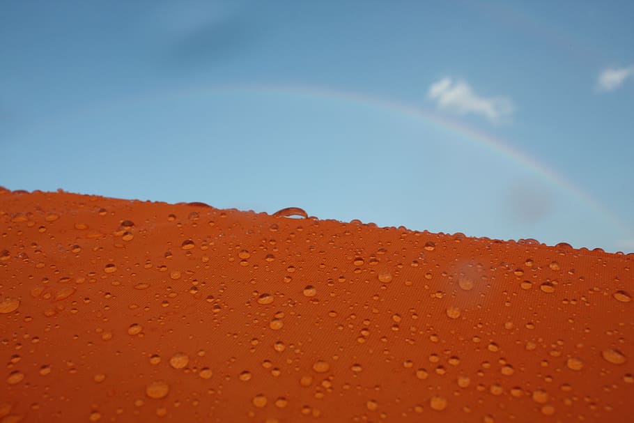 orange, drop, rainbow, water, sunny day, closeup, drops, sky HD wallpaper