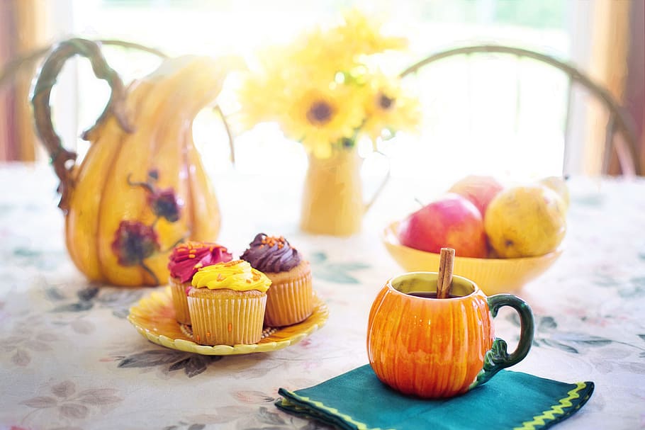 cupcake and fruits in the table, autumn, fall, apple cider, orange