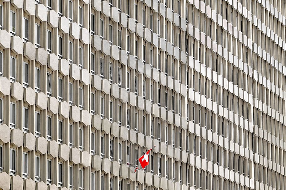 building, modern, concrete, red flag, office, swiss embassy HD wallpaper