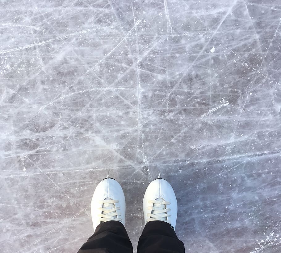 person wearing white shoes standing on gray surface, ice, skating HD wallpaper