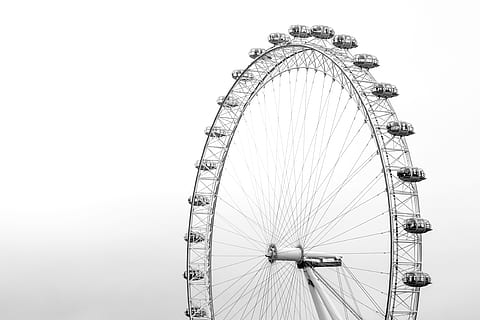 Feeris wheel at daytime, greyscale photo of Ferris wheel, London Eye HD wallpaper