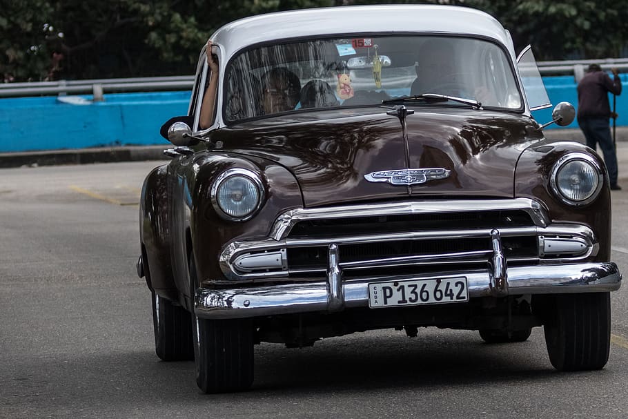 cuba, havana, almendron, classic, car, brown and white, vehicle, HD wallpaper