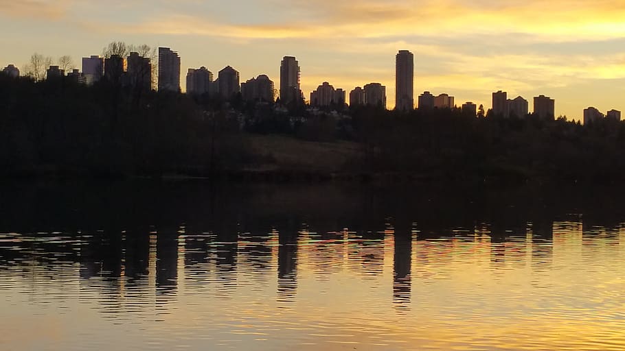 panoramic, sunset, water, dawn, reflection, skyline, city, silhouette HD wallpaper