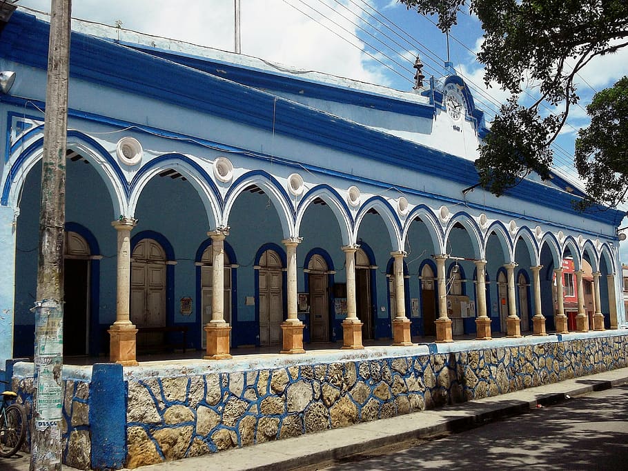 white and blue building near tree, yucatan, mexico, structure HD wallpaper