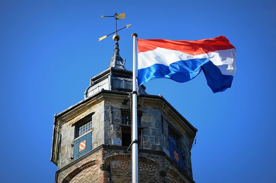dutch flag, waving flag, tower, building, patriotism, sky, architecture, HD wallpaper