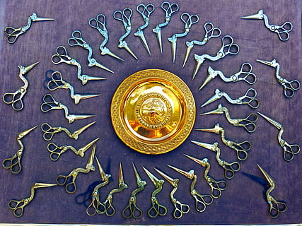 round gold-colored illustration, scissors, shear, bird shears HD wallpaper