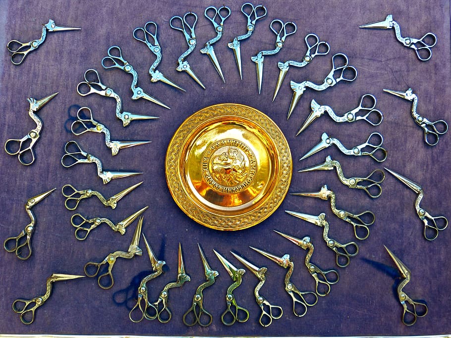round gold-colored illustration, scissors, shear, bird shears, HD wallpaper
